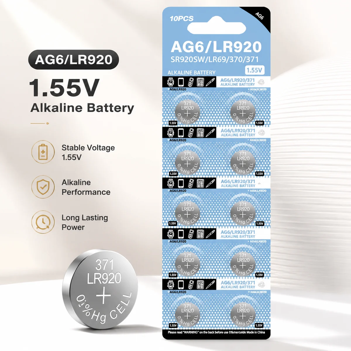

Alkaline Button Cell Battery AG6 LR921 1.5V 2-10PCS, SR920SW SR921 LR920 LR69 171 370A 371A Coin Battery Pack
