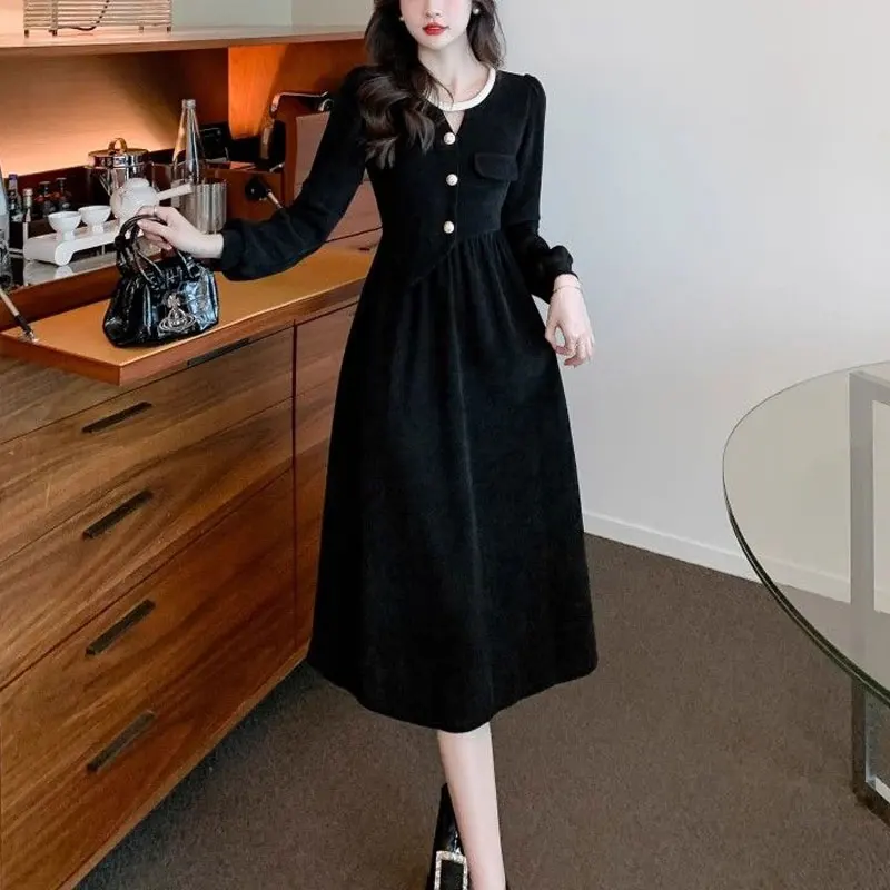 French Style Vintage Round Neck Dresses Female Clothing Fashion Asymmetrical Spring Autumn Elegant A-Line Long Sleeve Midi Dress