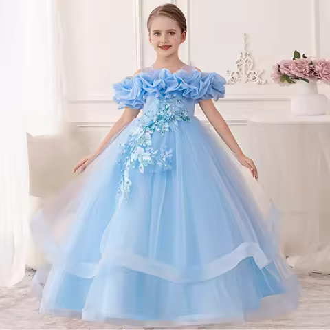 Folding Flower Princess Party Girls Dress Elegant Tulle Bridesmaid Wedding Evening Dress for Girls Birthday Graduation Prom Gown