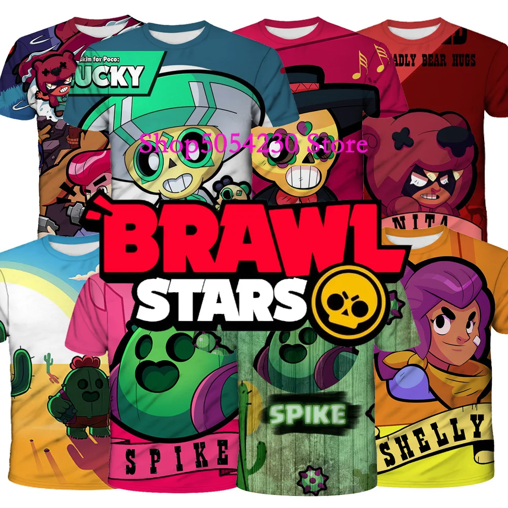 Camisetas 3D para Niños y Niñas, Diseño de Dibujos Animados de Leon, Sandy, Brawling Stars, Janet, Bonnie, Ruffs, Spike, Ropa para Adolescentes