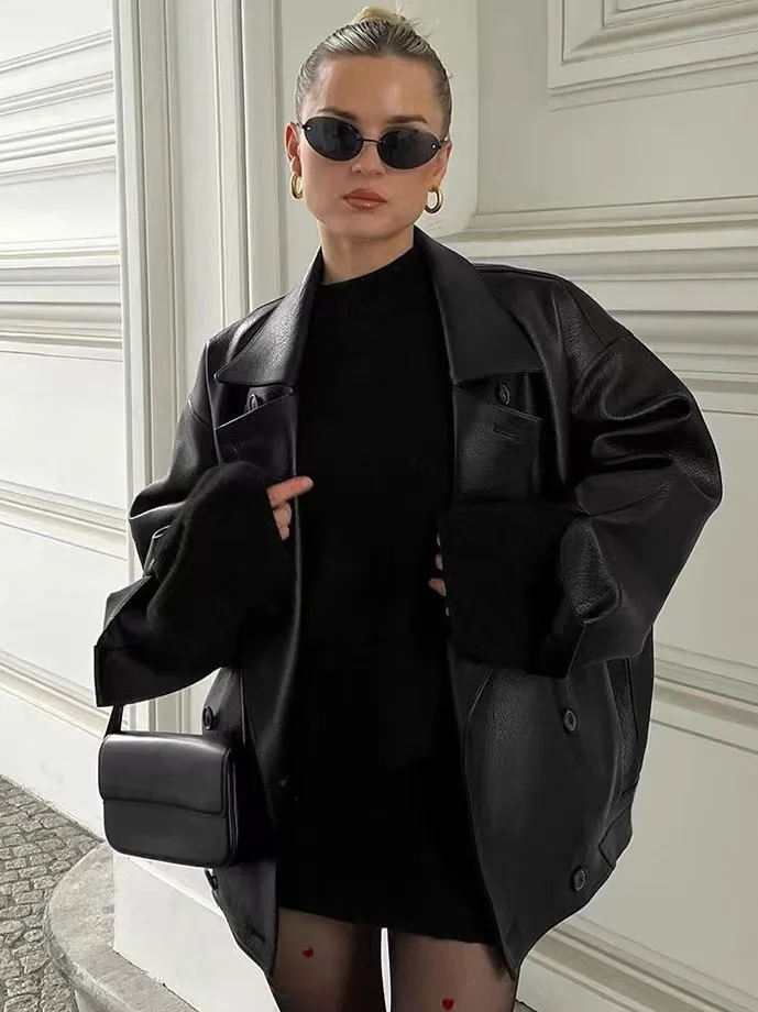 ファッショナブルなルーズPUレザージャケット、秋冬ストリートスタイル、スーツカラー、ロングスリーブ、レギュラーフィット、シングルボタン留め
