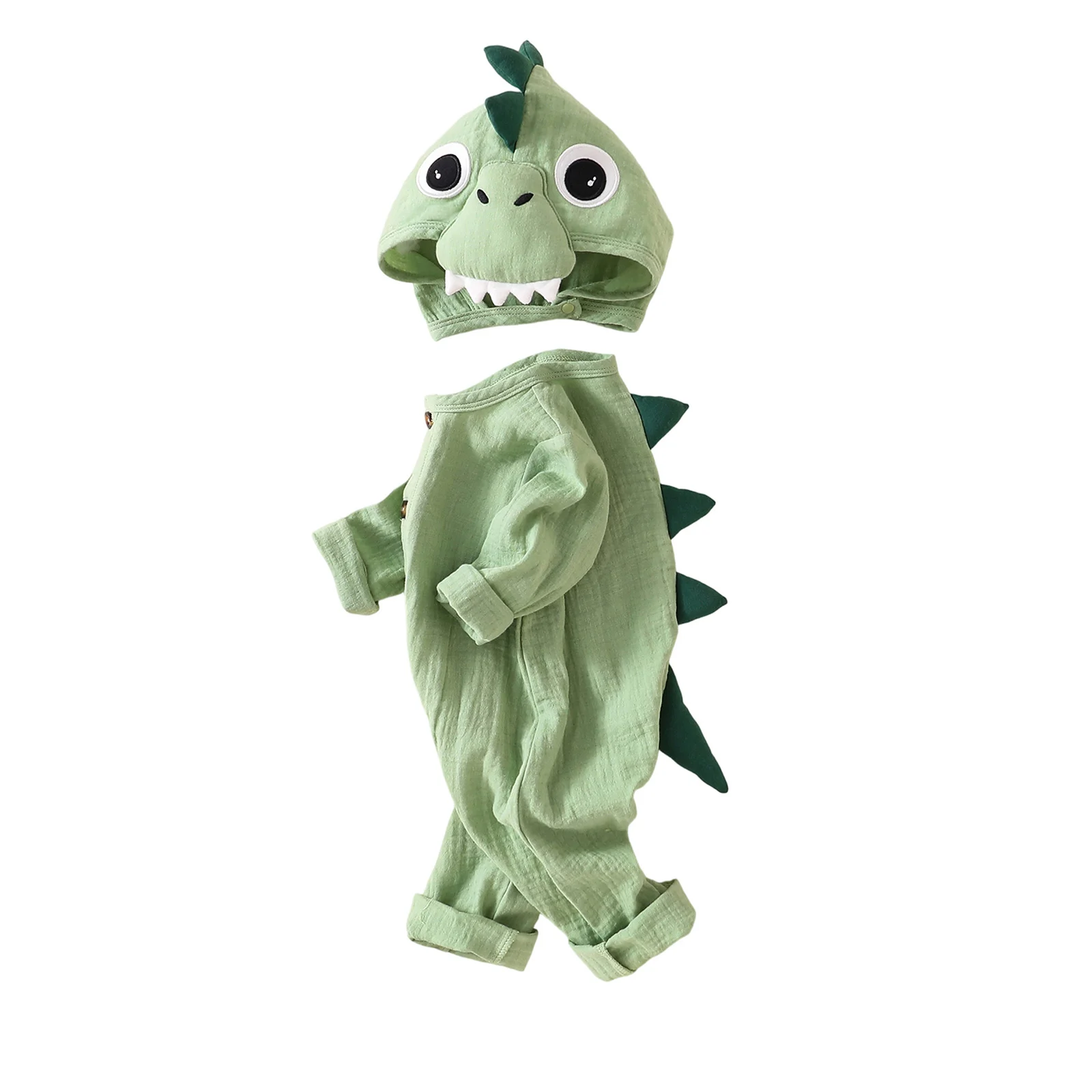 

Newborn Baby Boy Girl Cute Romper Costume Dinosaur Themed Crew Neck Long Sleeve Button Up Full Length Jumpsuit with Hat