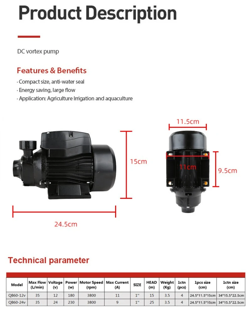 QB60 DC Submersible Pump 12V/24V High Head High Flow DC Solar Ground Pump