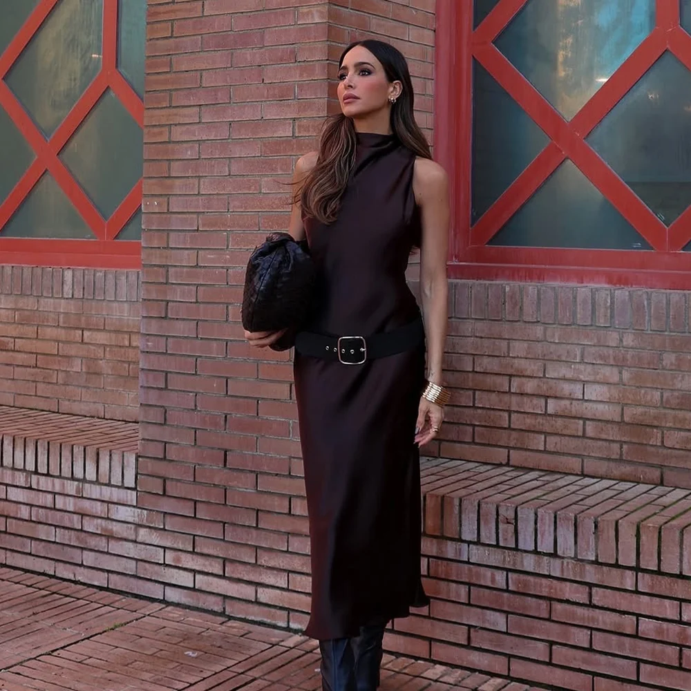 حزام نسائي مزين بملمس حريري ورقبة دائرية بدون أكمام فستان ربيع/صيف ملابس نسائية جديدة