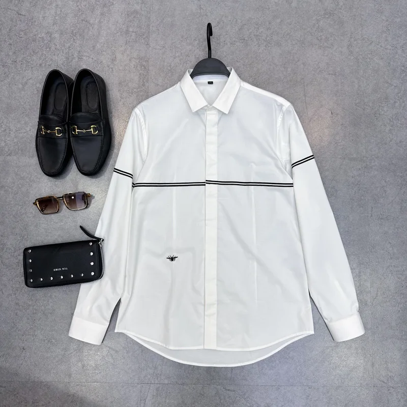

Spring Autumn Men's Fashion Embroidered Casual Long Sleeve White Shirt Trendy Brand Youthful Base Layer Shirt Slim Fit Style