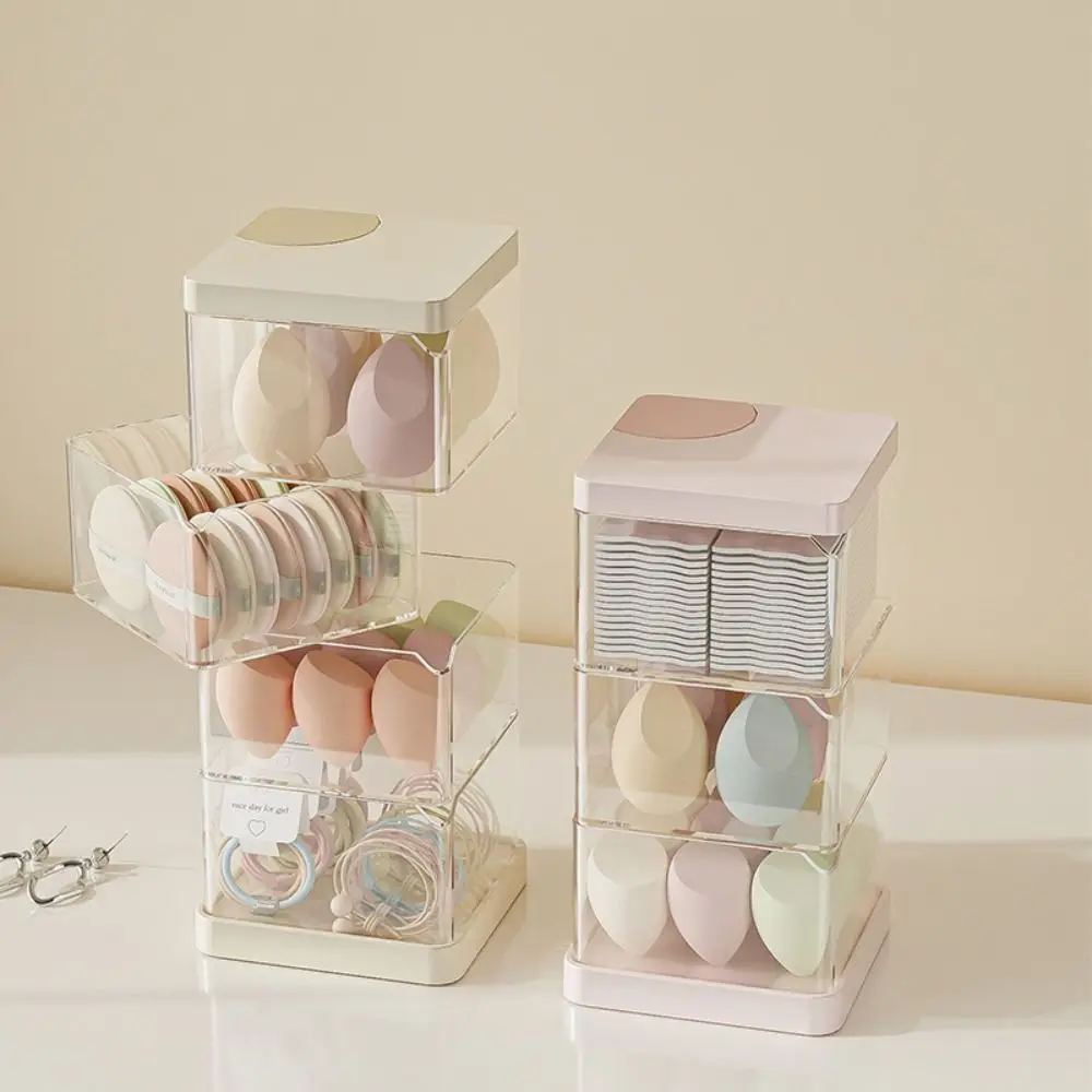 Multifunctionele Draaibare Cosmetische Opbergdoos Transparante Meerlaagse Desktop Organizer Stofdichte Vierkante Make-Up Sponshouder