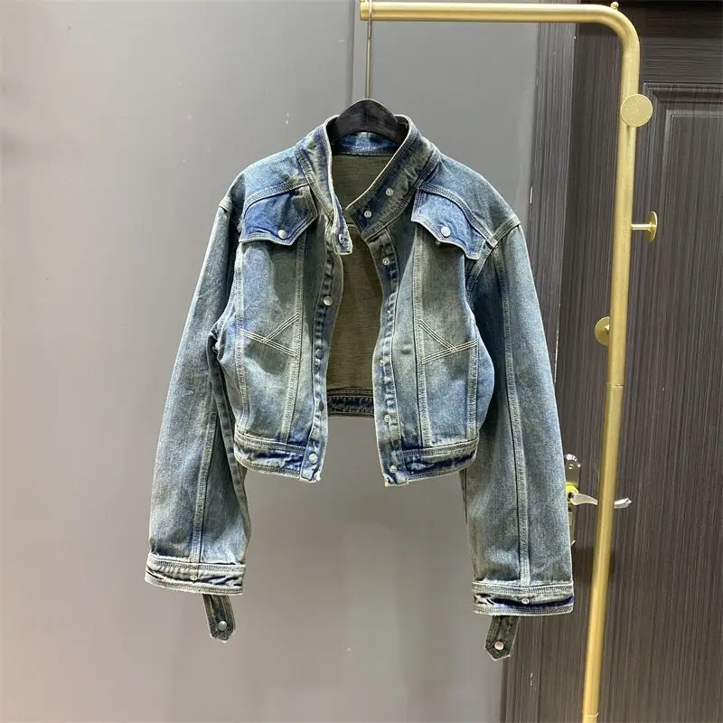 

2024 Spring Autumn New Hong Kong Taste Retro Short Denim Coat Women's Loose Slim Stand Collar Jacket Top Tide