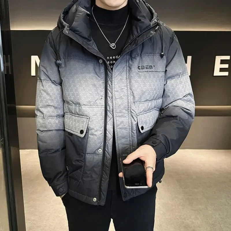

Outwear Winter Warm Thickened Large Size Casual Outcoat Trendy Men Hooded Down Jacket Male Korean Style Handsome Gradient Color