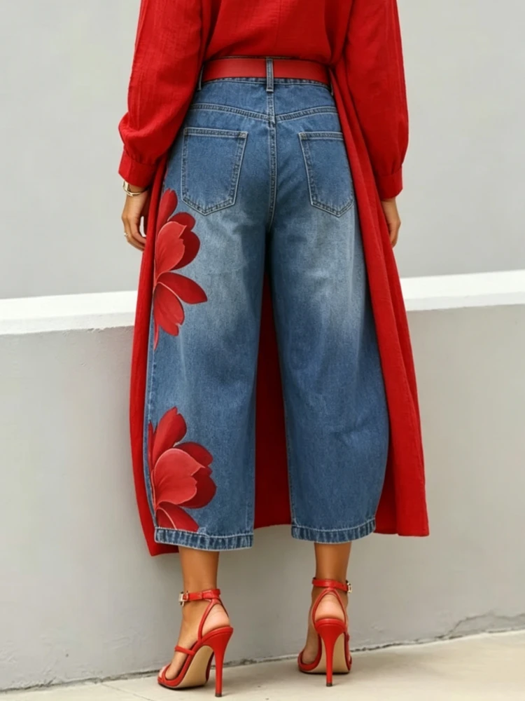 Women's Floral Print Loose Jeans Fashion Casual High Waist Cropped Wide Leg Denim Pants Chic New Daily High Street Trousers