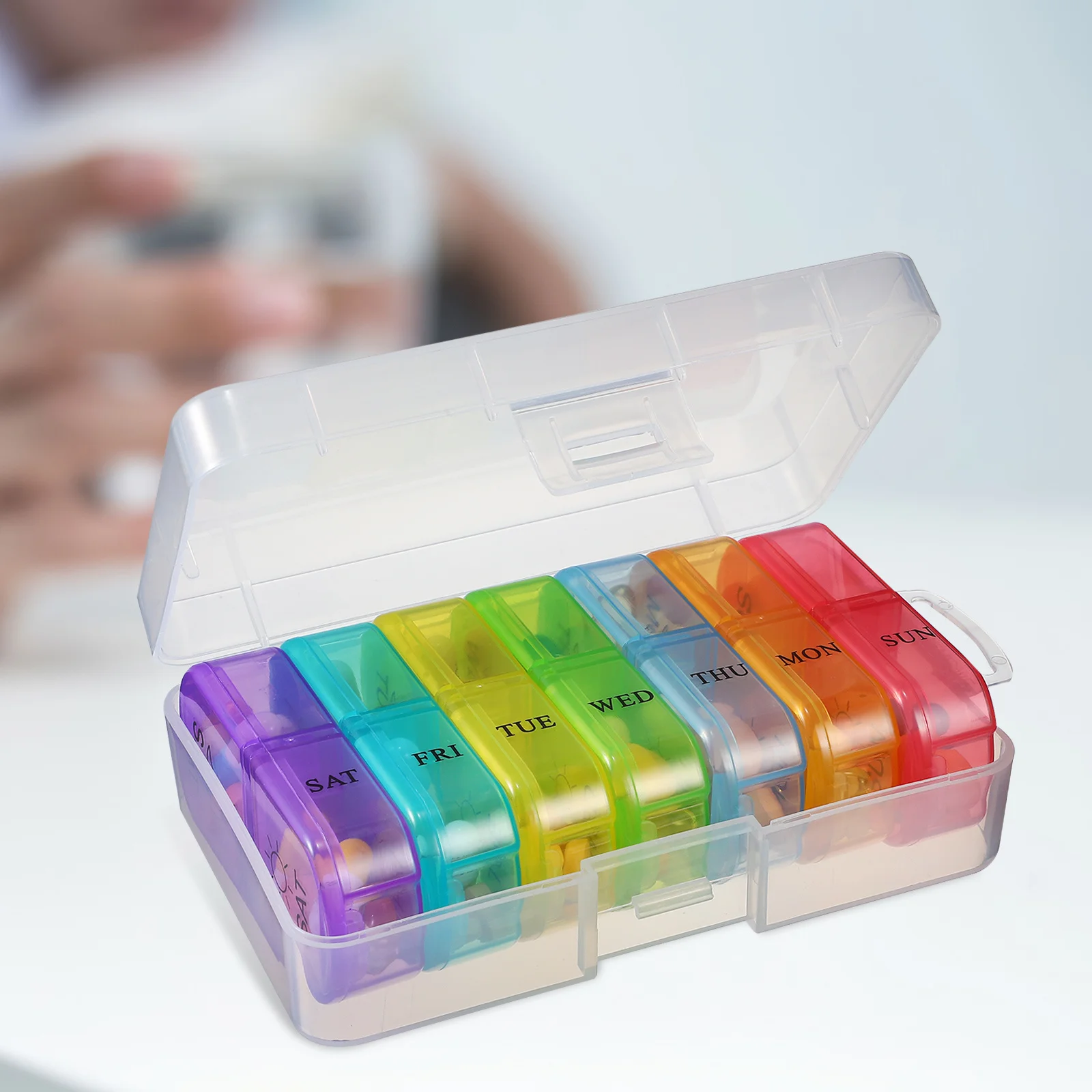 2개입 주간 약통 7일 휴대용 약 케이스 여행 친화적 컴팩트 디자인 손잡이 포함 다채로운 칸막이 일일용