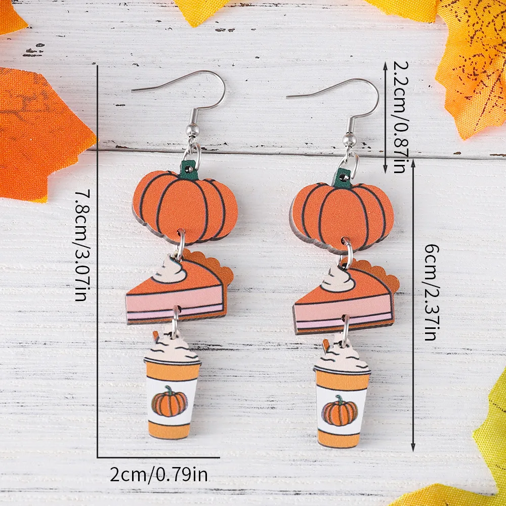 New Thanksgiving Pumpkin Maple Leaf Cute Dwarf Elderly Pendant Earrings Autumn Harvest Cup Pendant Thanksgiving Wooden Earrings