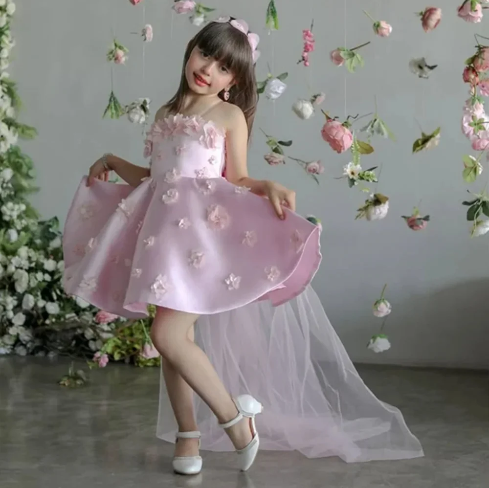 

Customized Pink Satin Applique Flower Girl Dress For Wedding Baby Suspenders Puffy Kids Birthday Party First Communion Ball Gown