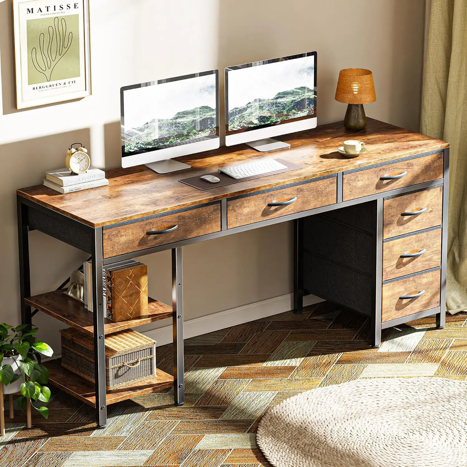 Home office with no-harm cloth storage pump and side shelf office computer desk