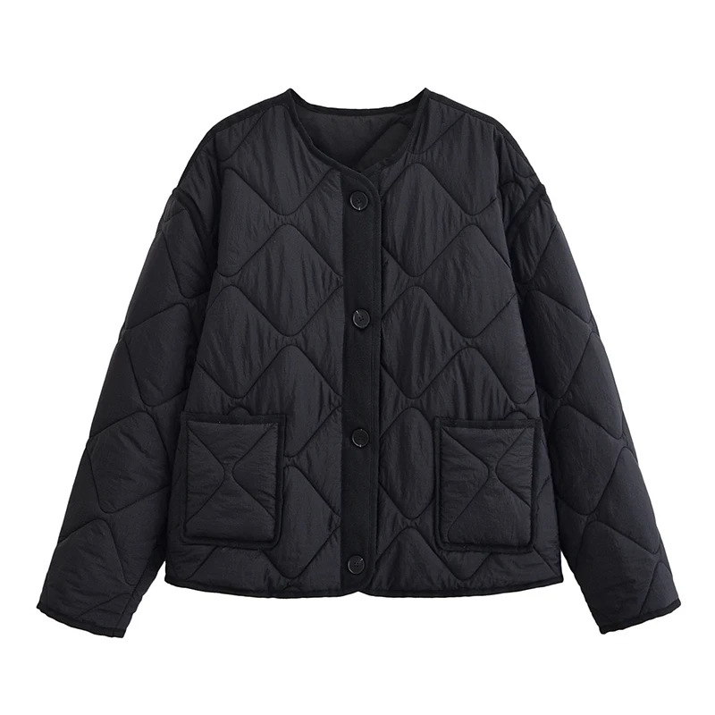 

YENKYE Vintage Loose Quilted Jacket For Women 2025 Front Pockets Long Sleeve O Neck Outerwear Streetwear Coat