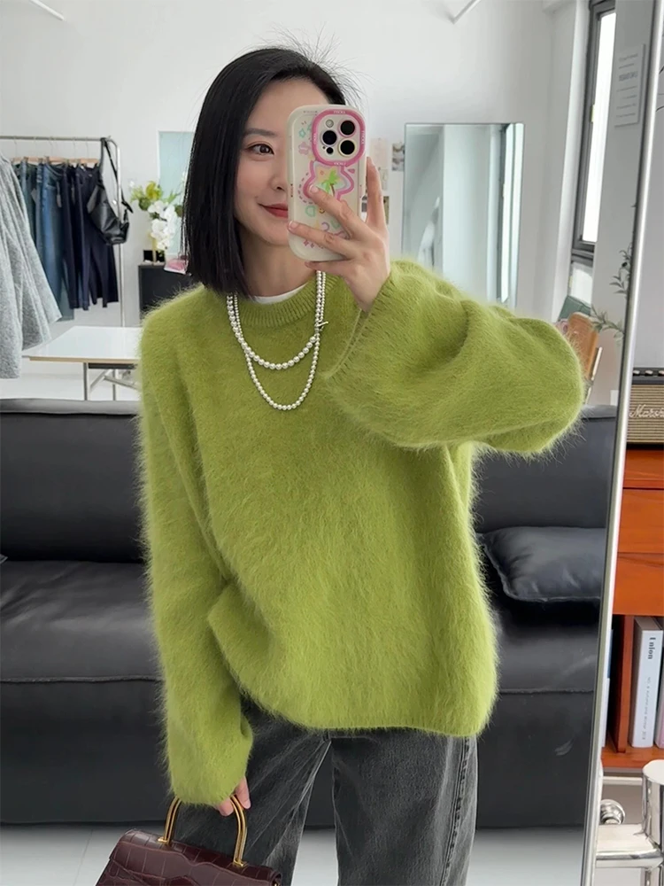

Korean Sle een Mink round Ne Sweater Women's Autumn Winter Loose Thiened Knitted Top Fufu Lazy Sle Outerwear