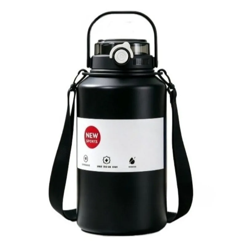 800ml/2000ml Large Capacity Stainless Steel Insulated Water Jug with Strap Handle and Straw Leakproof Vacuum Thermos Mug Sports