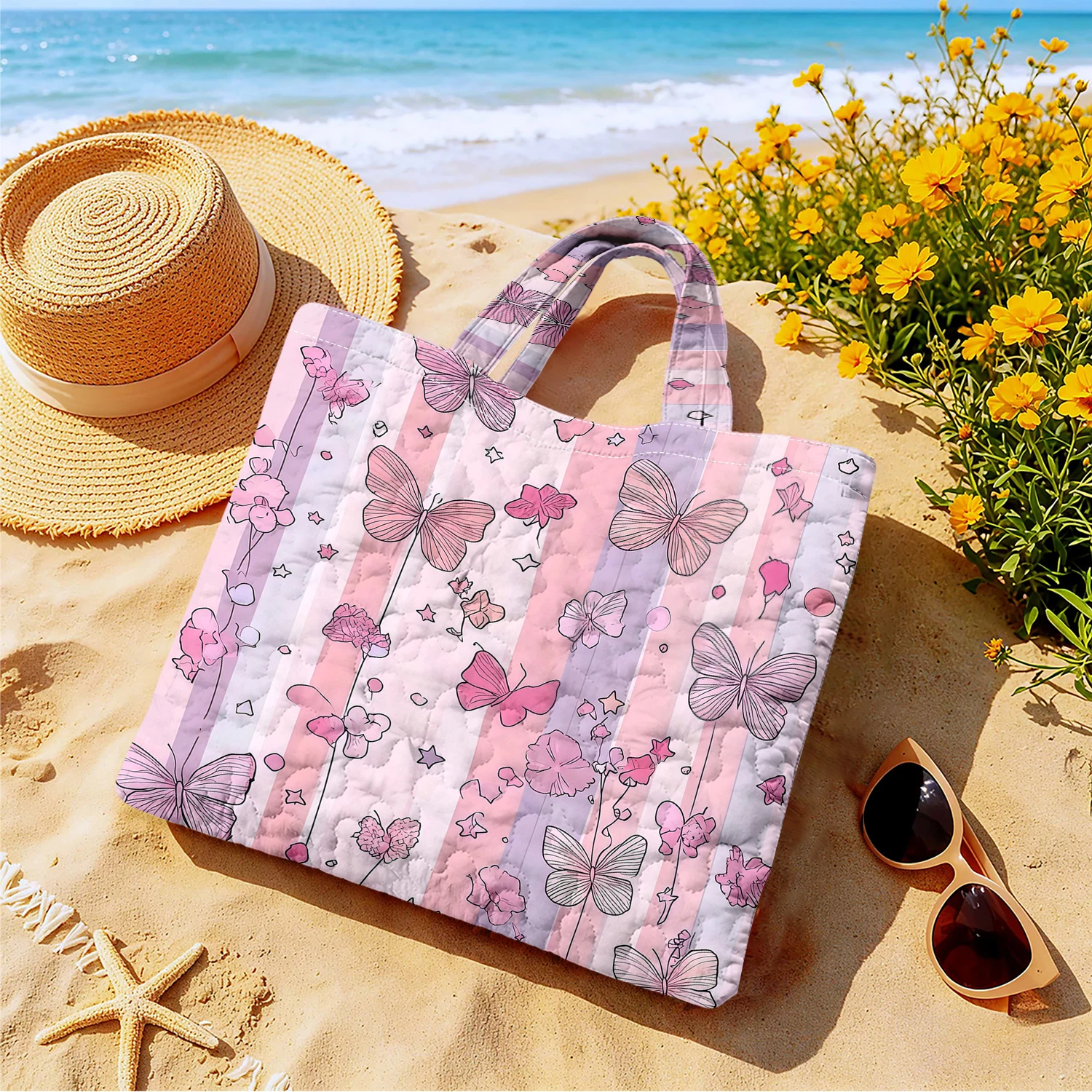 Pastel Stripe Butterfly Floral Women canvas shoulder bag Dual-Side Printed Tote Bag shopping bag Fashionable and gift handbag