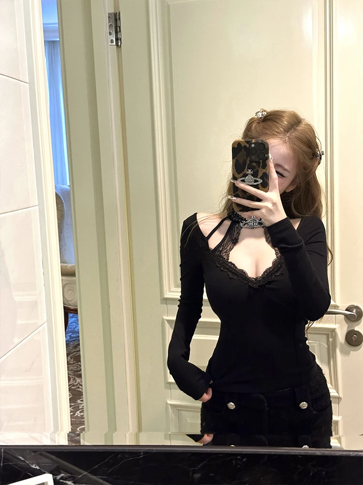 

FuunJ Новый дизайн, кружевной топ с застежкой на талии Neline Long Sve, вязаная основа irt, женская внутренняя одежда, топ Ele Faionable