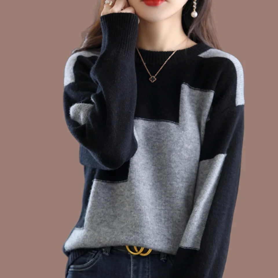 Round Neck Autumn Winter New Sweater Loose Warm Long Sleeve Color Block Top Knitted Base Fashion