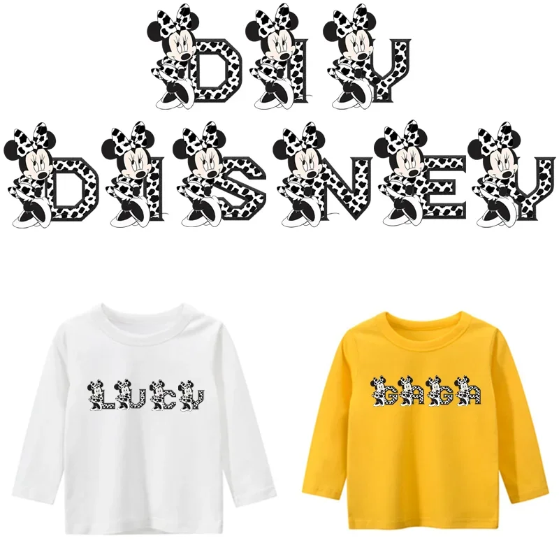 Disney Leopard print Minnie Mouse 26 letters Iron on Patches for Clothing Thermal Sticker on Clothes DIY Heat Transfer Stickers