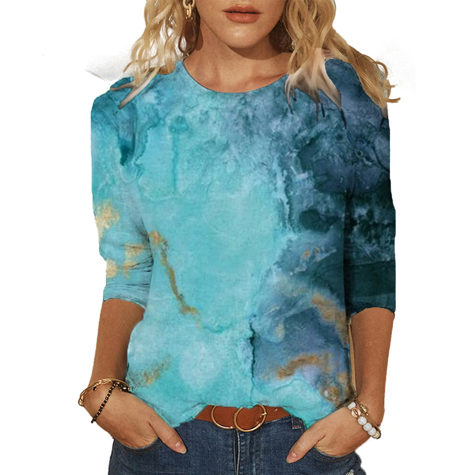 

Spring Casual Crew Neck Tee Fashion Mid length sleeves Women's Tops Printed Women's Blouse Fashion Plus Size Women's T-Shirt