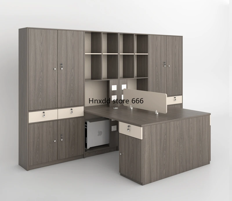 

Double seat with high cabinet, simple modern office desk and chair combination