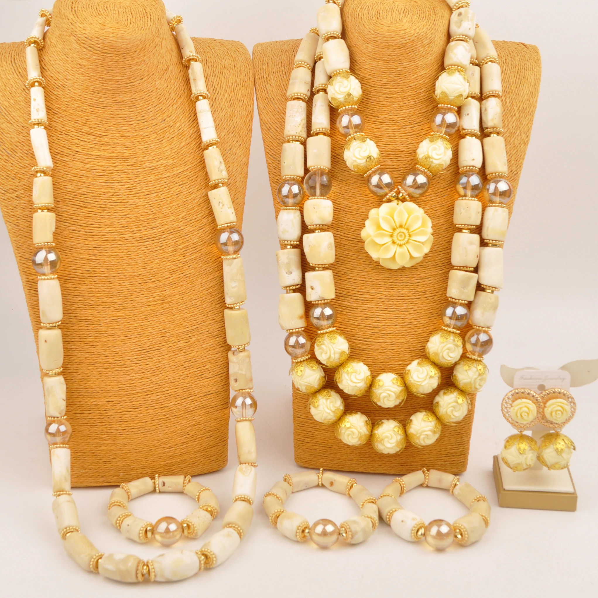 Nigerian Wedding Bride and Groom Jewelry White Natural Coral Bead Jewelry Set for Couple