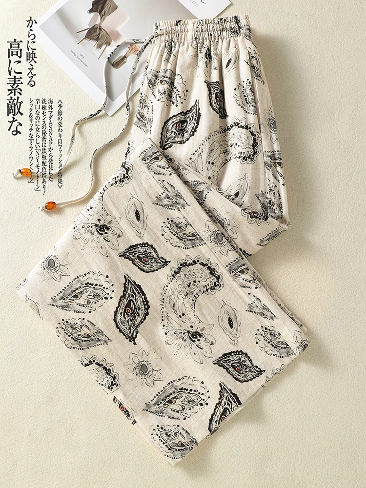 

Summer Linen Lyocell Ethnic Style Retro Walnut Print Casual Pants High Waist Wide Leg plus Size Women's Fashion Slimming Trou...