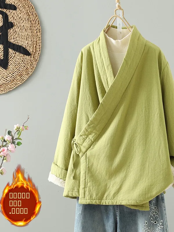 

Новый женский китайский халат Zen Sle Fce на подкладке с поясом, улучшенная одежда Lay Brother Thiened Long Sve V Ne Cotton Jaet