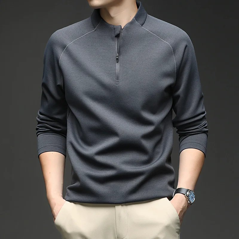 Men's Autumn New Style Fashion Temperament Solid Color Half Zip Stand Collar Long Sleeve Sweatshirt Handsome Versatile Clothing