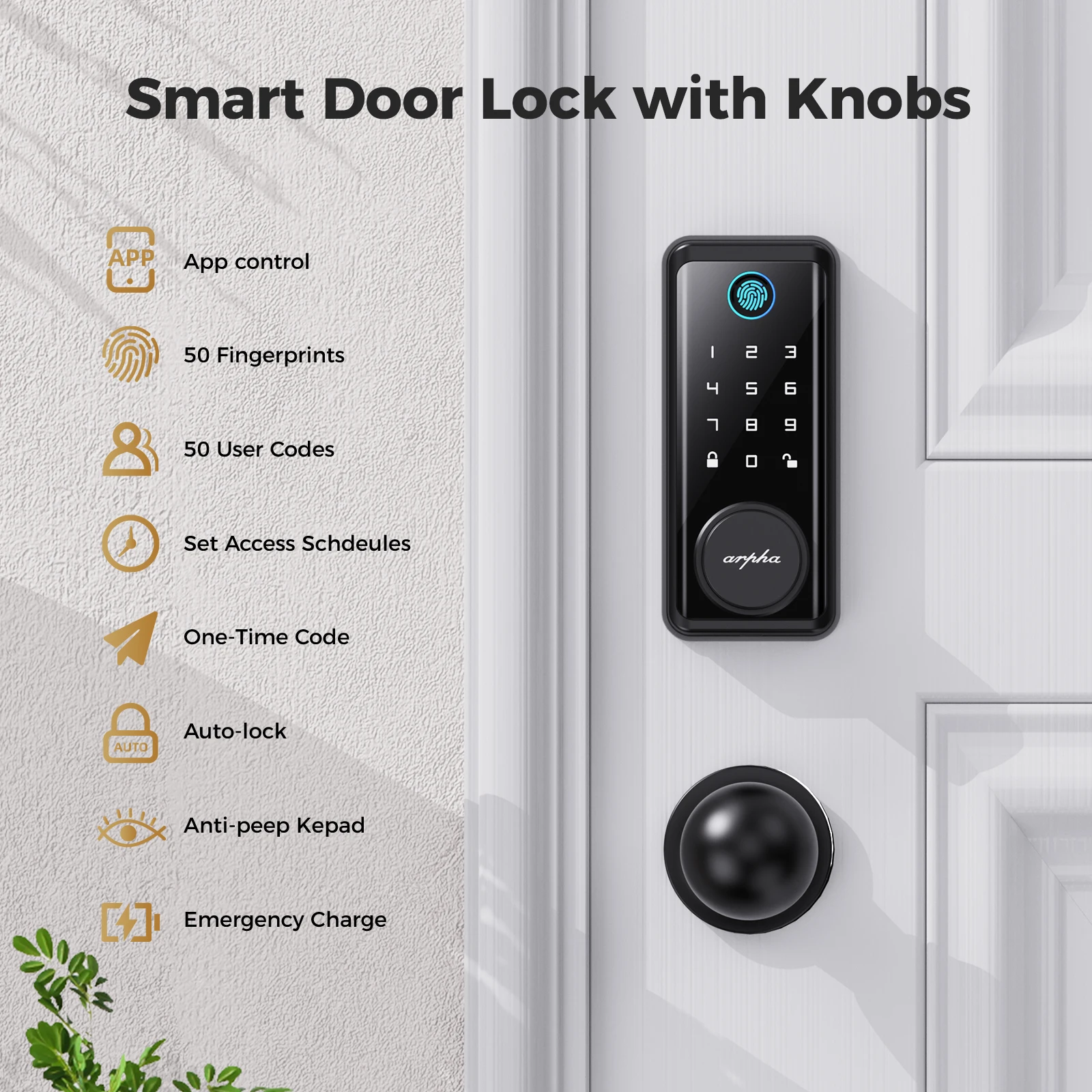 Arpha Smart Lock D601K Keyless Entry Door Lock Deadbolt with Handle Set Waterproof 5-in-1 Fingerprint Keyless Entry Door Lock