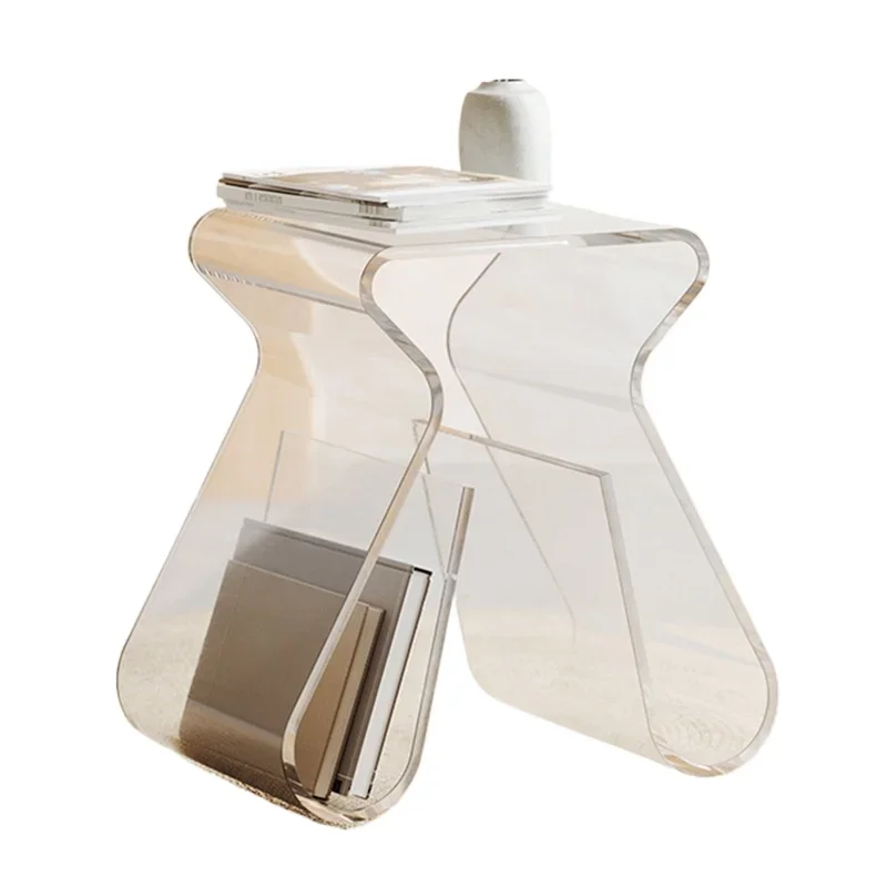 Acrylic tea table multi-functional stool, transparent edge, few corners, few books and magazines, bay window