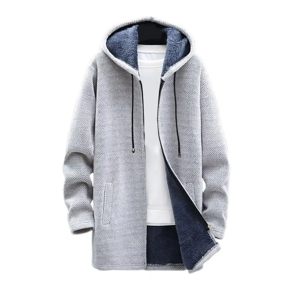 Men Coat Men's Winter Hooded Knit Coat With Plush Lining Zipper Placket Mid-length Thickened Knitwear For Weather Winter Warm