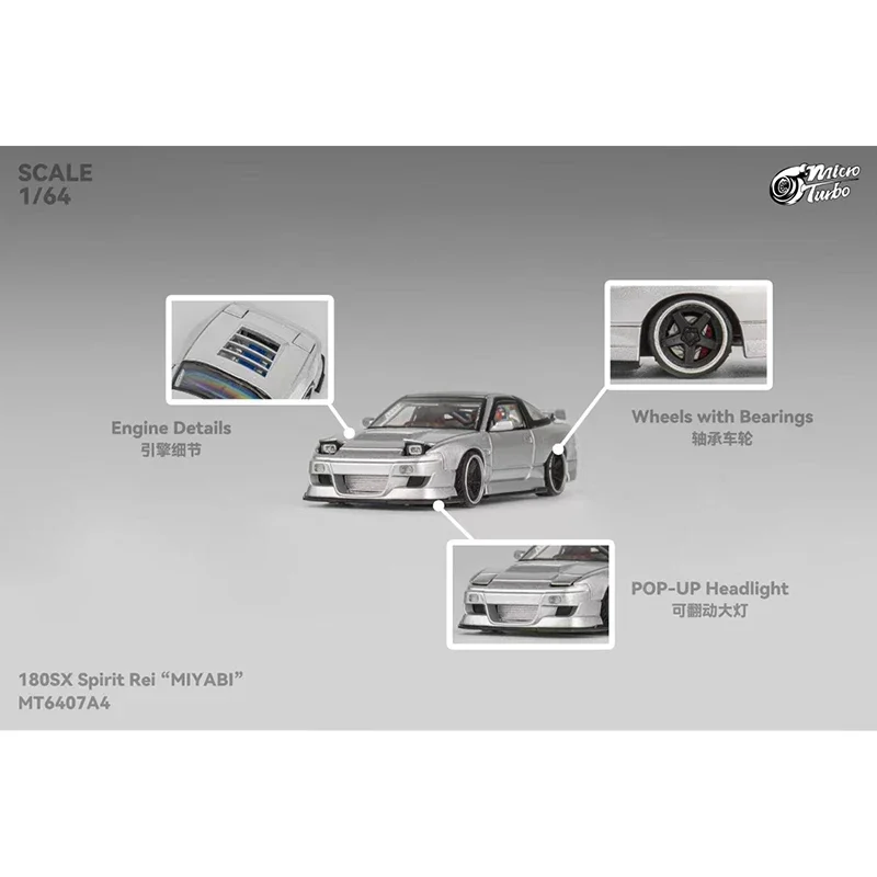 PreSale MT 1:64 Spirit Rei MIYABI S13 Silvia 180SX Metallic Silver Diecast Diorama Car Model Collection Toys MicroTurbo