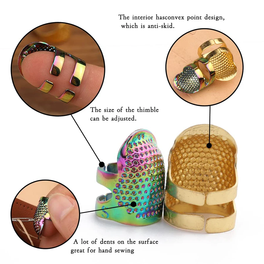 Retro Metal Sewing Thimble Ring Kit Leather Fingertip Finger Protector For Stitching Needles Accessories DIY Sewing Tool Set