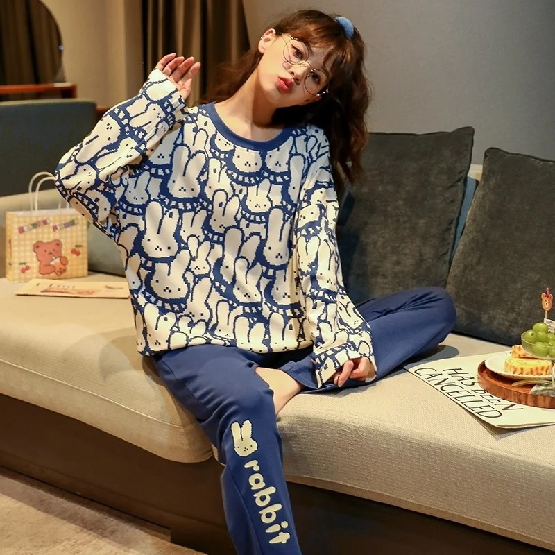 pajamas women autumn and winter long sleeve cotton simple leisure sweet girl large size home clothes suit can be worn out