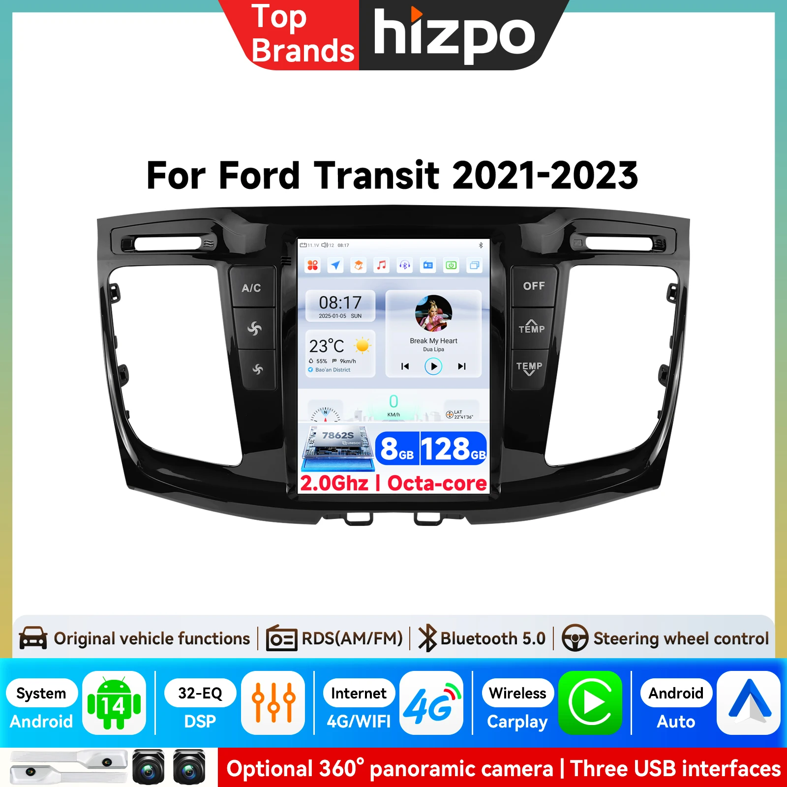 Android Autoradio für Ford Transit Custom 2021-2023 Carplay Multimedia-Player GPS-Navigation 4G WLAN Video Stereo 2din Haupteinheit