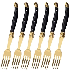 Jaswehome 6Pcs Golden Silverware Laguiole Cutlery Set Stainless Steel Luxury Sharp Steak Knives Forks Soup Spoons Teaspoons Set