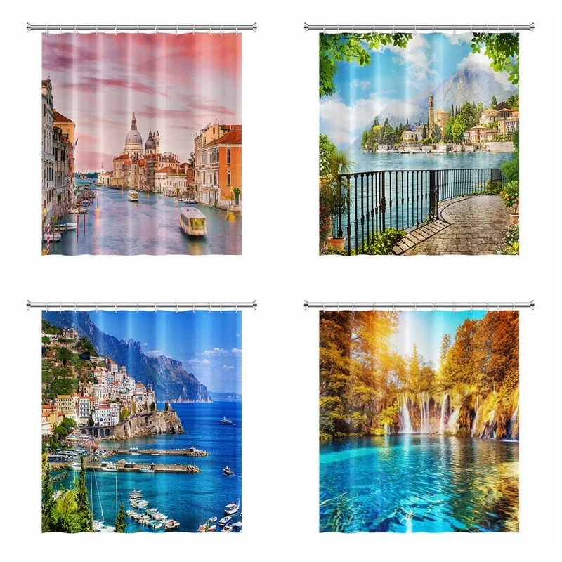 Natural Scenery Landscape Shower Curtains 3D Seaside Bathroom Waterproof Polyester Bath Curtains Home Decor With Hooks 180x180cm