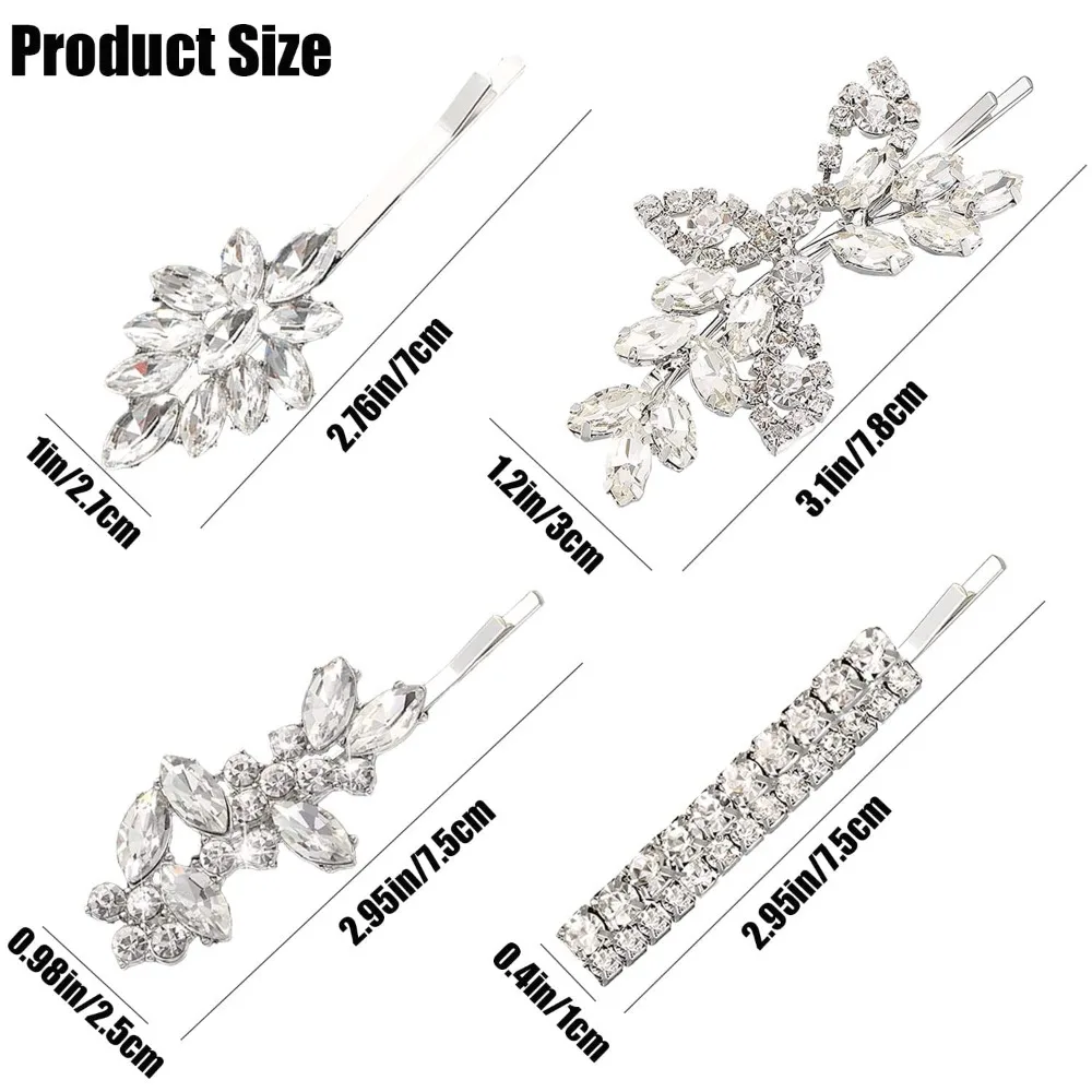 4 قطع من مشابك شعر الزفاف، إكسسوارات شعر من حجر الراين، دبابيس شعر زفاف على شكل أوراق شجر، دبابيس شعر كريستالية، مجوهرات دبوس شعر فضي