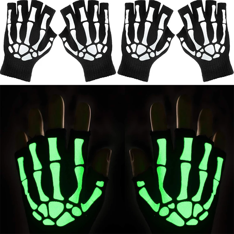 

Adult Kids Halloween Skeleton Skull Half Finger Luminous Gloves Winter Skull Fingerless Mitten for Event Party Festive Cycling