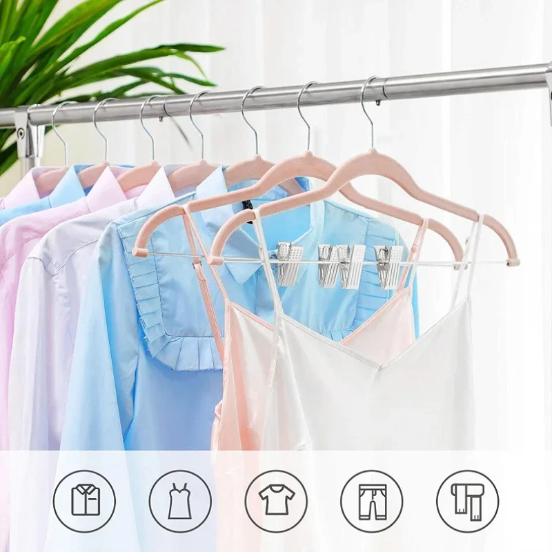 Cabides multifuncionais com clipes, organizador de roupeiro, rack de secagem, veludo, antiderrapante, armário, terno, roupeiro, 5 pcs por lote