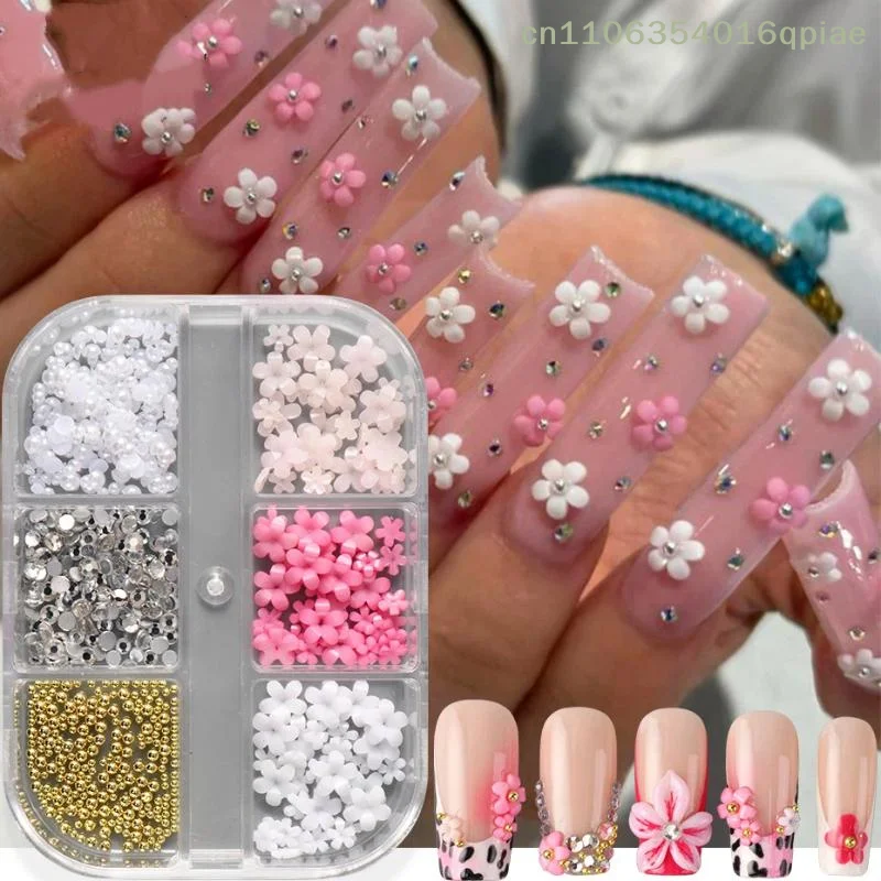 

（Summer4）6 Grid 3D Mixed Small Flower Nail Art Charms With Gold Silver Beads Kawaii Resin Fashion Cartoon Nail Decorations DIY
