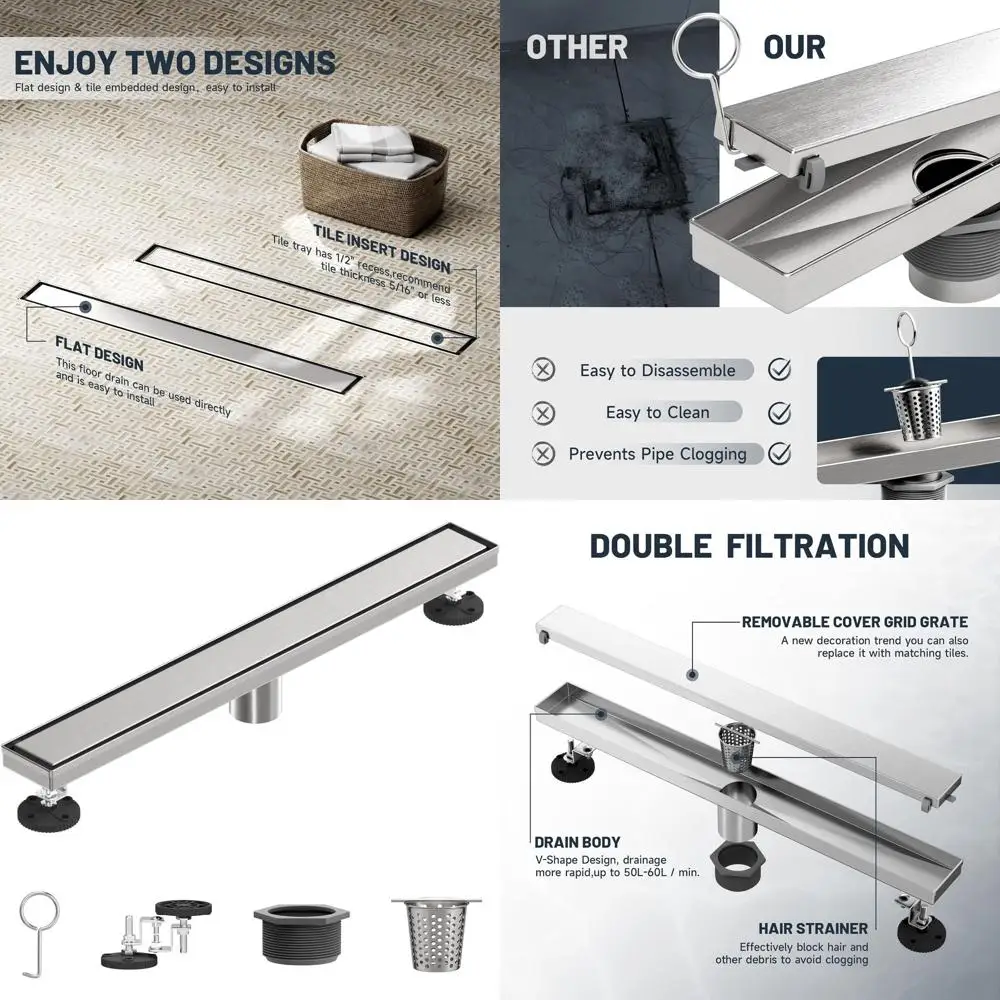 

24 Rectangular Shower Drain, Tile Insert, 304 Stainless Steel, Leveling Feet, Hair Strainer, Brushed Nickel Finish