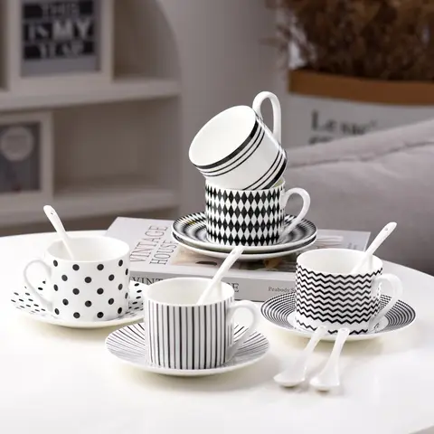 European ceramic cup home afternoon tea cup bone China Mugs Set With Tray for water Black and white line coffee cup saucer set