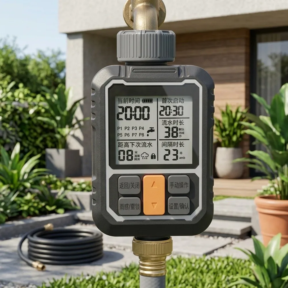 Smart Watering Controller with Rain Sensor Integration and Full-Function LCD Display for Home and Commercial Use