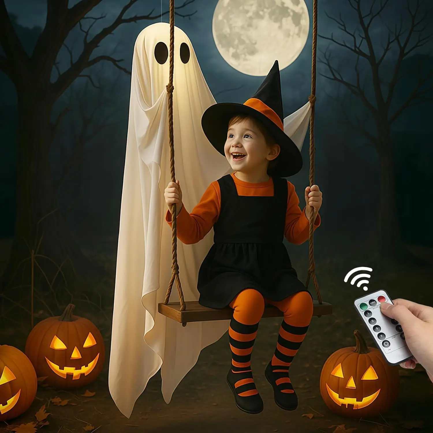 

Halloween Decorations Outdoor 180cm Large Hanging Swing Ghost Halloween Decor with String Lights Spooky Cute Ghosts Decorations