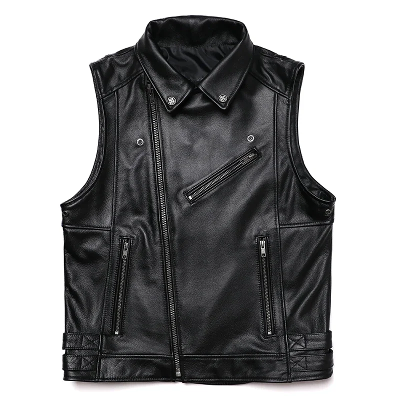 Classical Motorcycle oblique zipper Genuine Leather Vest Men's REAL Cowhide Sleeveless Jacket Slim Biker Waistcoat Outwear Man