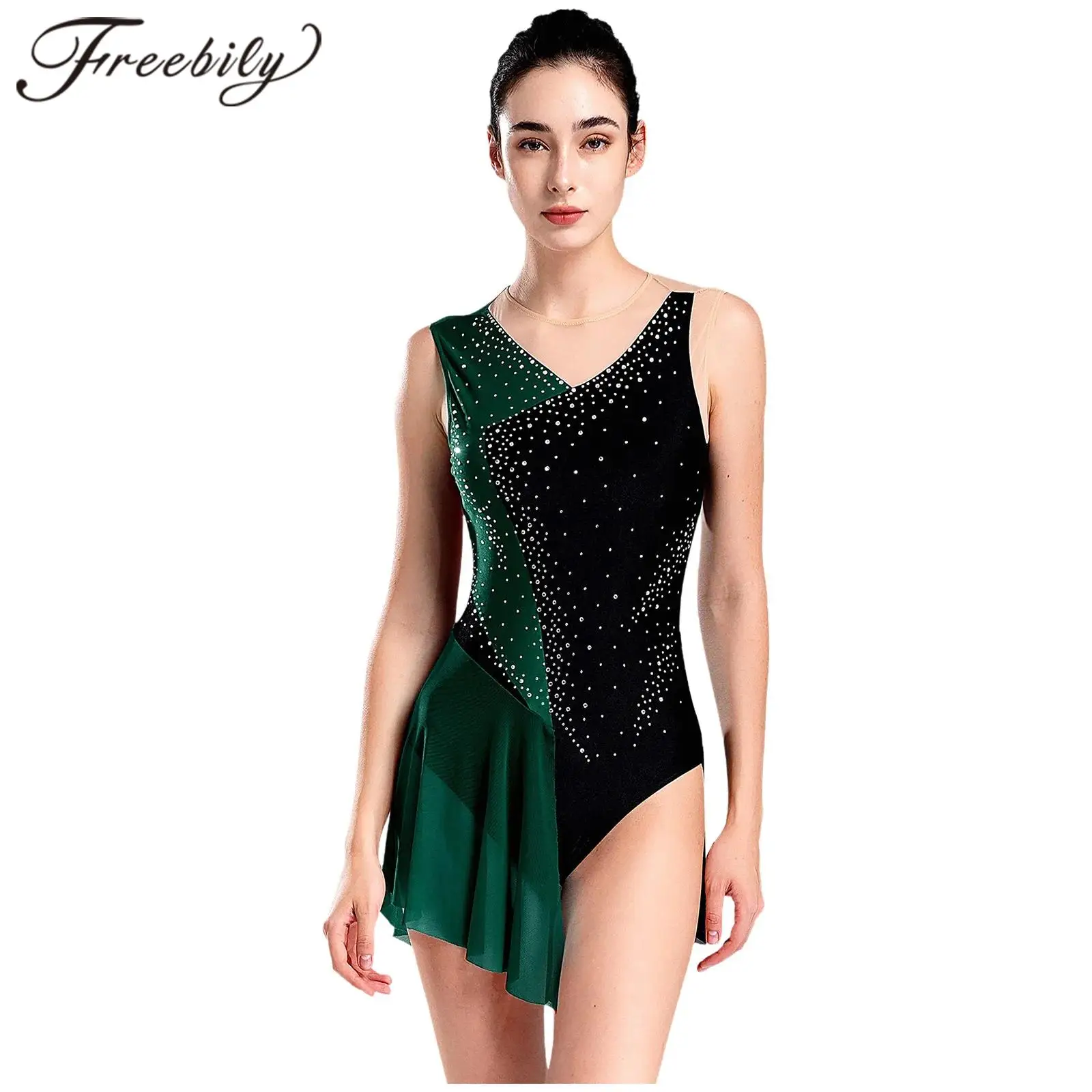 

Women Patchwork Gymnastics Leotards Figure Skating Jumpsuit Shiny Rhinestones Sleeveless Ballet Dance Leotard Gymnastic Bodysuit