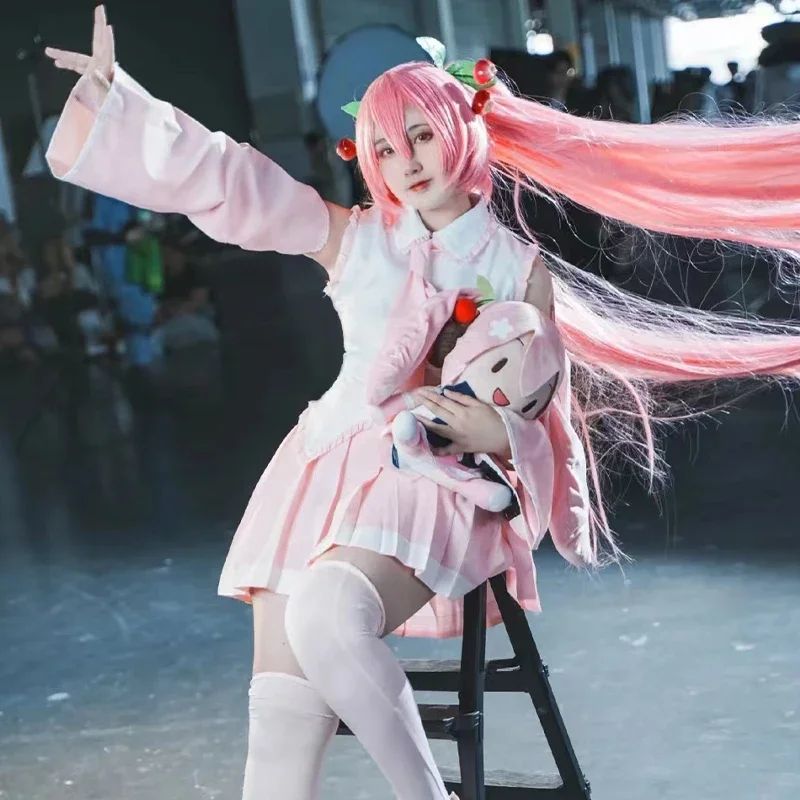 Vestido Midi de Anime para principiantes, Sakura, Vocaloid, Miku, rosa, disfraz de Cosplay, falda de niña, peluca, uniforme para mujer, vestido de fiesta de Carnaval